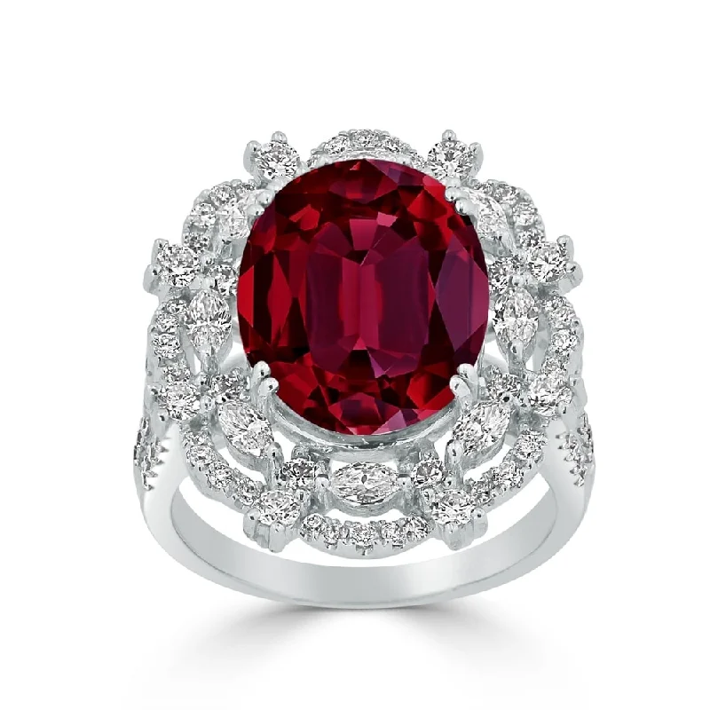 Auriya Unique 9 1/4ct Oval Red Ruby Double Halo Diamond Ring 1 1/2cttw 18K Gold