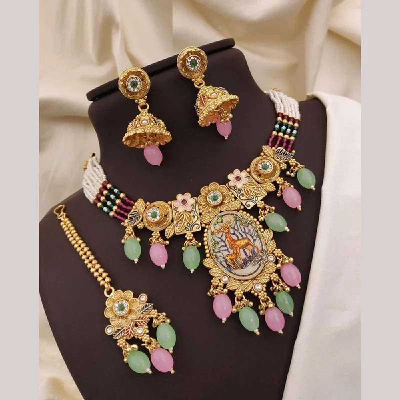 Neetu Art Gold Plated Pota Stone And Meenakari Pearls Necklace Set