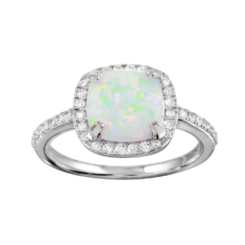 Rhodium Plated 925 Sterling Silver Square Halo Opal CZ Ring - BGR01271