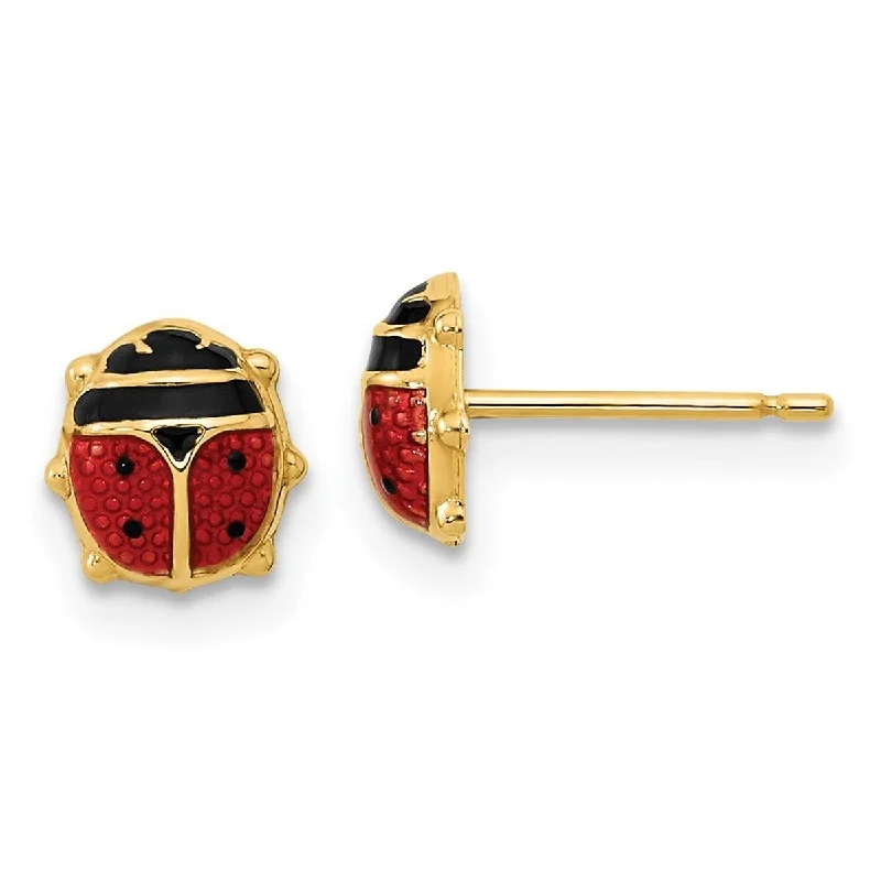 Curata 14k Yellow Gold Red Black Enamel Ladybug Post Earrings - 7x6.75mm