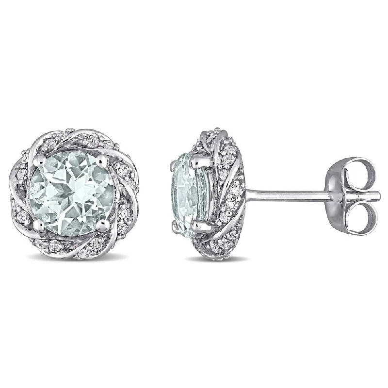 Miadora 10k White Gold Aquamarine and 1/5ct TDW Diamond Swirl Halo Stud Earrings