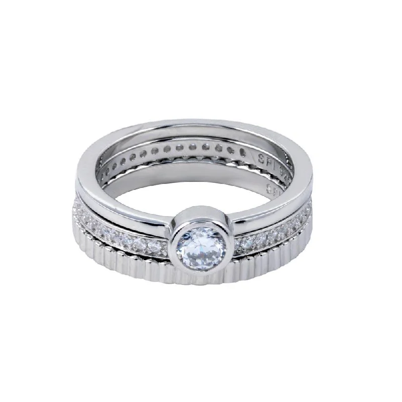 Rhodium Plated 925 Sterling Silver Channel Center CZ Stackable Ring Set - STR01125