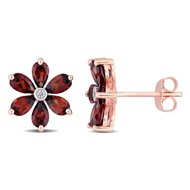 Miadora 10k Rose Gold Pear-cut Garnet and Diamond Accent Floral Stud Earrings