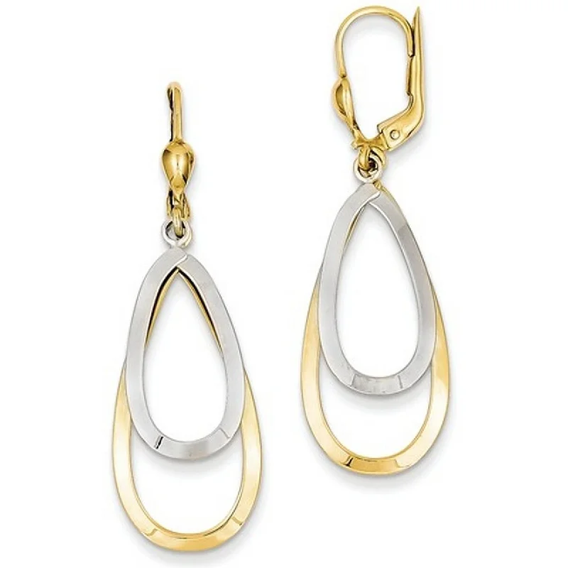 14k Two-tone Gold Bold Polished Oval Teardrop Dangling Leverback Earrings - Orange