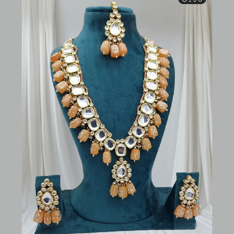 JCM Gold Plated Kundan Stone And Pearls Long Necklace Set