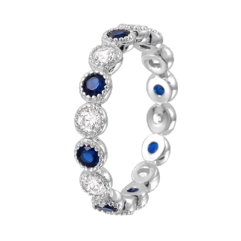 Silver 925 Rhodium Plated Round Eternity Stackable Blue CZ Ring - GMR00064S