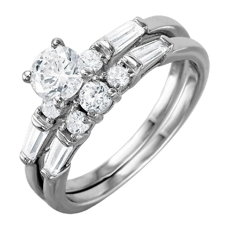 Silver 925 Rhodium Plated Bridal Ring with Baguette CZ Stones - BGR01002