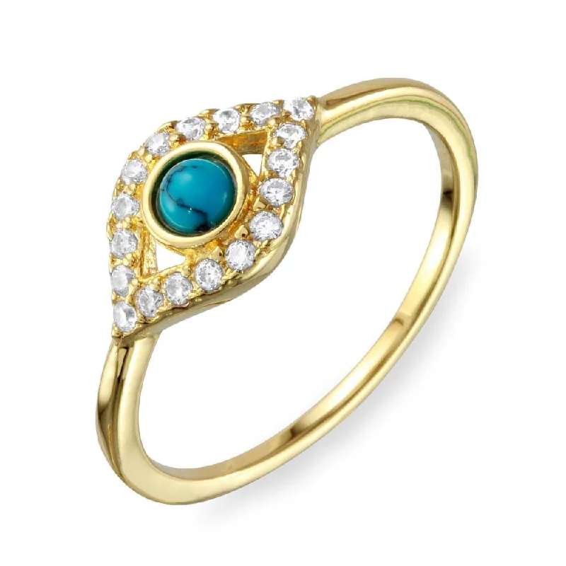 Gold Plated 925 Sterling Silver Evil Eye CZ Ring with Turquoise Bead - BGR01109GP