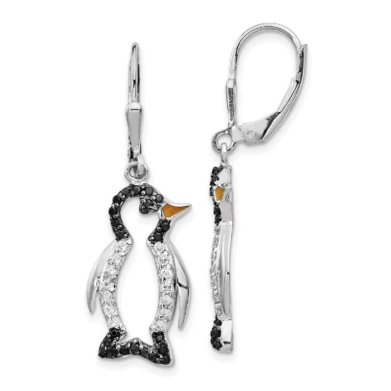 Curata 925 Sterling Silver Dangle Enameled Blk and Wht CZ Cubic Zirconia Penguin Leverback Earrings -