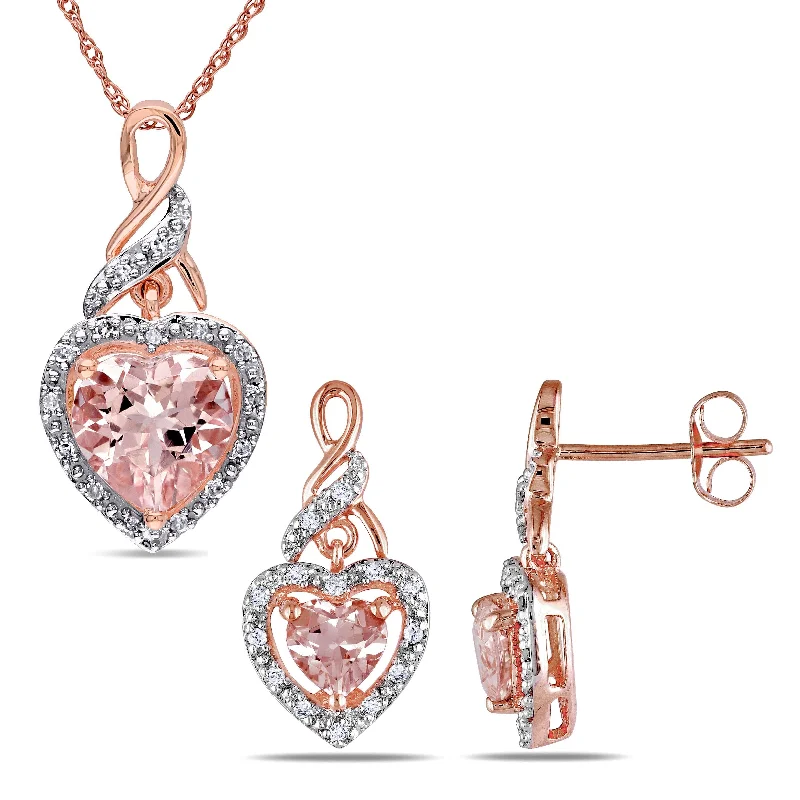 Miadora 10k Rose Gold Morganite and 1/5ct TDW Diamond Halo Heart Earrings and Necklace 2-Piece Set (G-H, I2-I3) - Pink