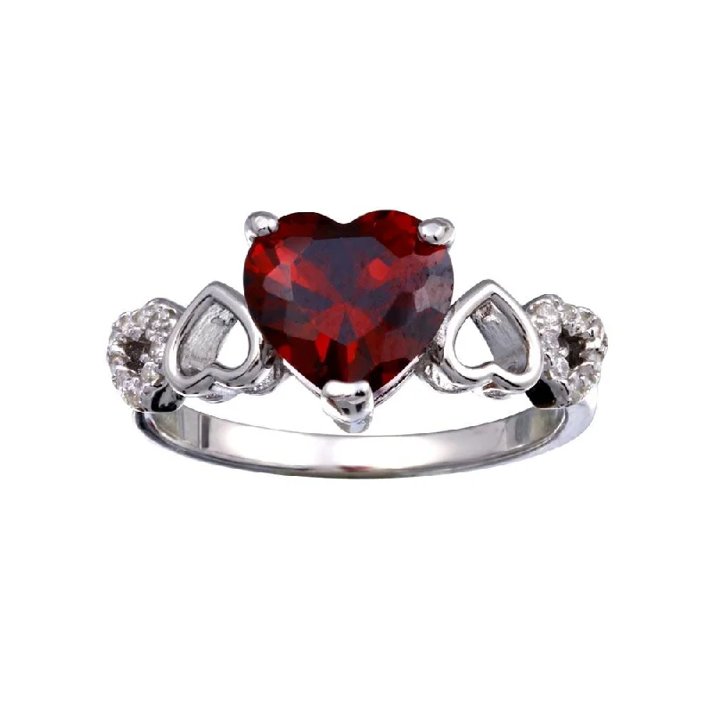 Rhodium Plated 925 Sterling Silver Heart Red and Clear CZ W- Heart Shank Ring - BGR01342