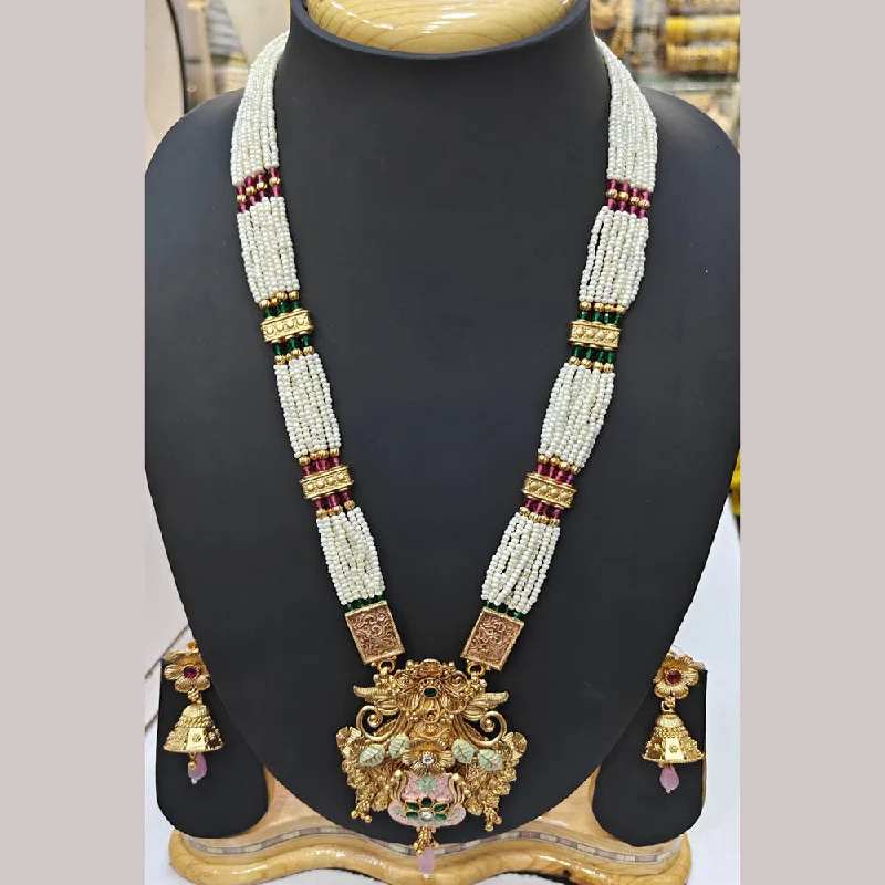 Manisha Jewellery Gold Plated Pota Stone And Pearls Long Necklace Set