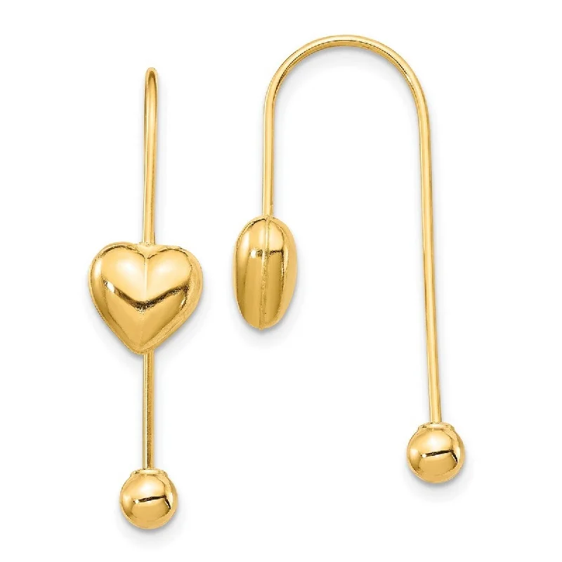 Curata 14k Yellow Gold Puffed Heart With Screw End Threader Earrings 28.65x7.8mm