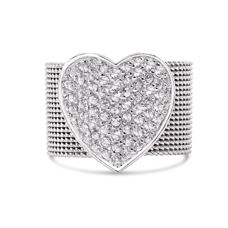 Clearance-Silver 925 Rhodium Plated Multi Chain CZ Heart Ring - STR00067