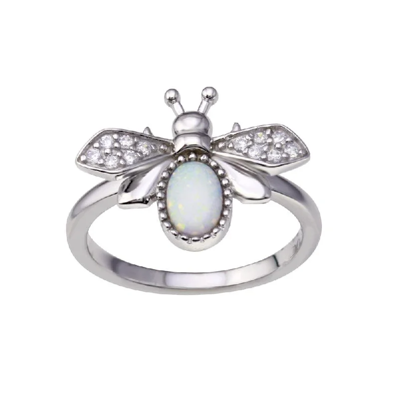 Rhodium Plated 925 Sterling Silver Simulated Opal Bee Ring - BGR01355