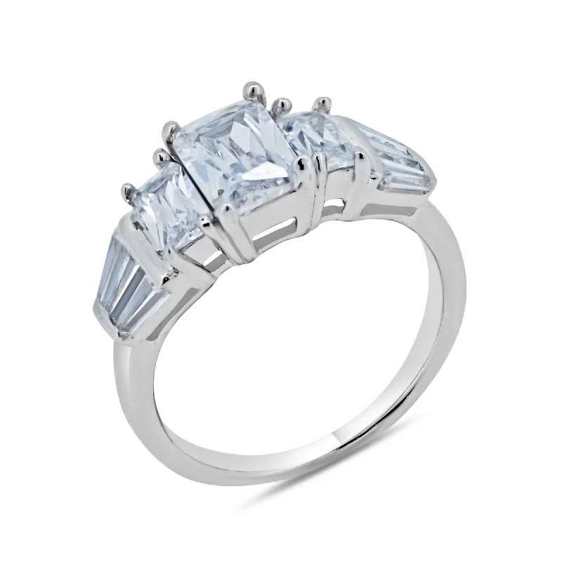 Rhodium Plated 925 Sterling Silver Clear Baguette Rectangular CZ Bridal Ring - BGR00066