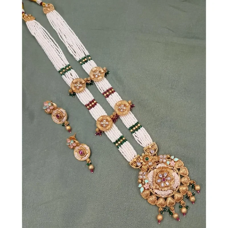 Akruti Collection Gold Plated Kundan Stone Meenakari Pearls Long Necklace Set