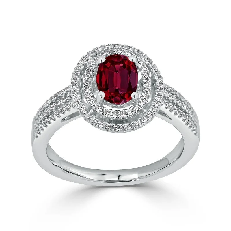 Auriya Modern 1 1/10ct Oval Red Ruby and Halo Diamond Ring 1/4cttw 18K Gold