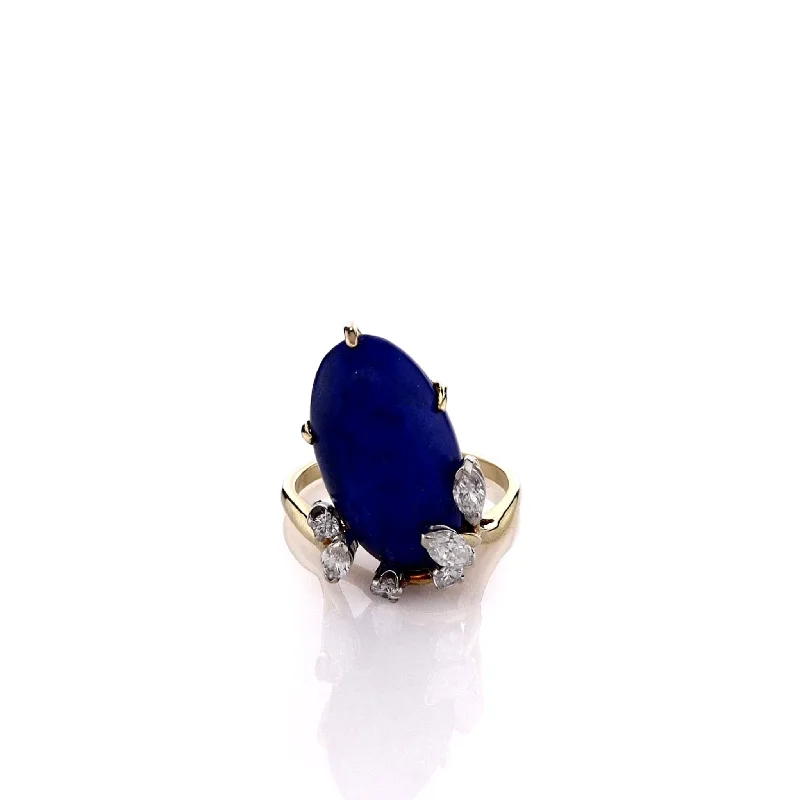 Estate 18k Yellow Gold Oval Cabochon Lapis and Diamond Ring