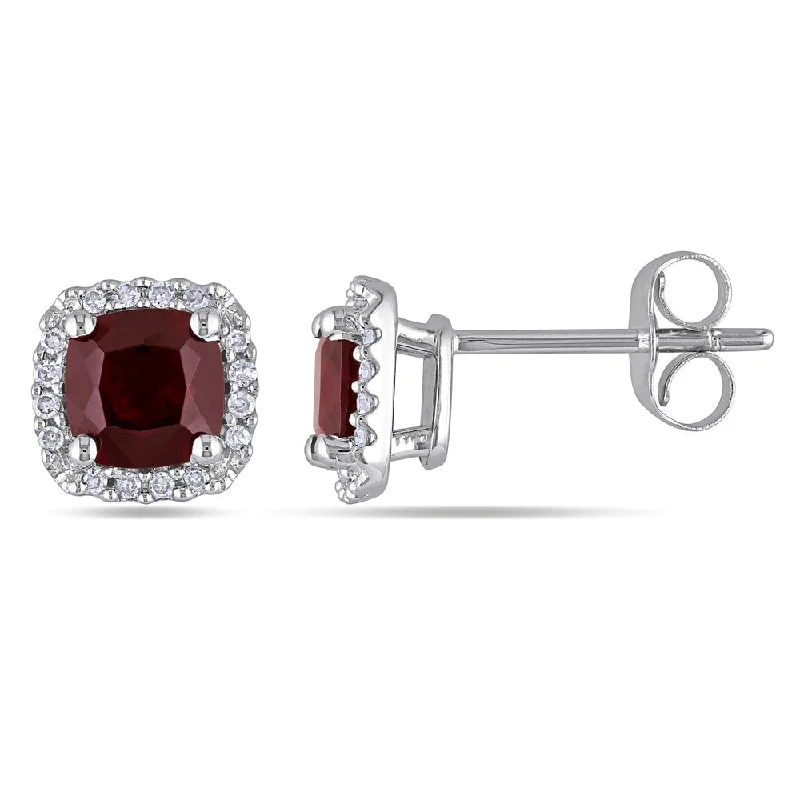 Miadora 10k White Gold Garnet and 1/10ct TDW Diamond Halo Earrings (H-I, I2-I3)