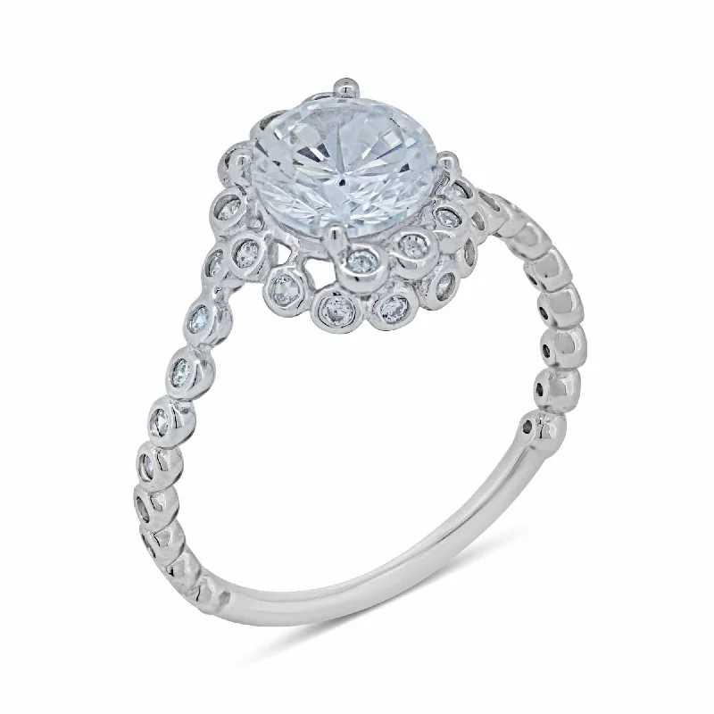 Silver 925 Rhodium Plated Bubble Shank Round Center CZ Ring - BGR01038