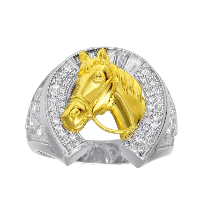 Two-Tone 925 Sterling Silver Men's 925 Sterling Silver CZ Horse Shoe Gold Horse Ring - GMR00278RG