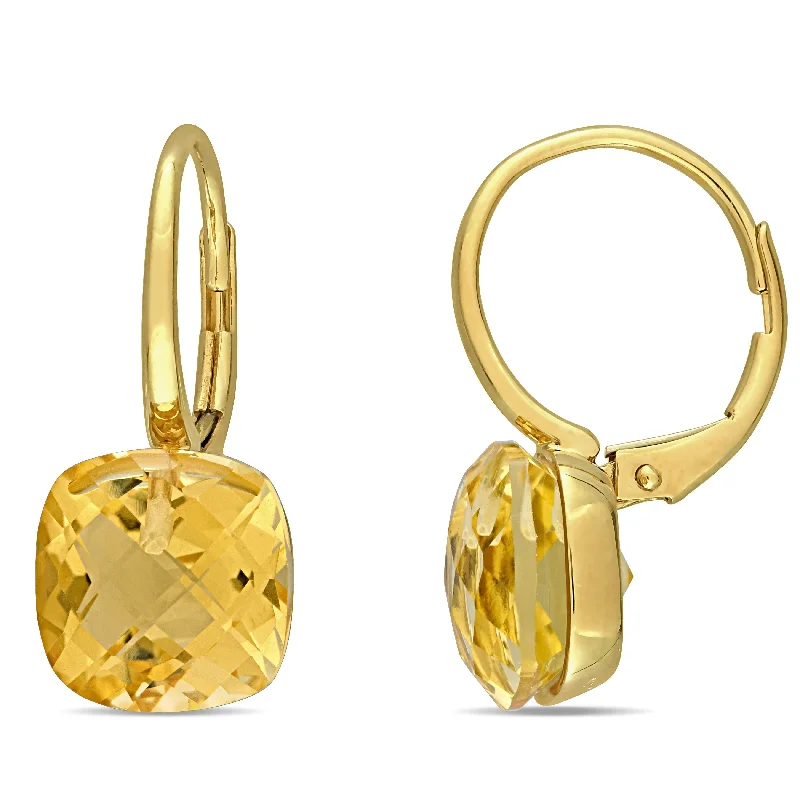 Miadora 14k Yellow Gold 8ct TGW Cushion-cut Citrine Solitaire Drop Leverback Earrings