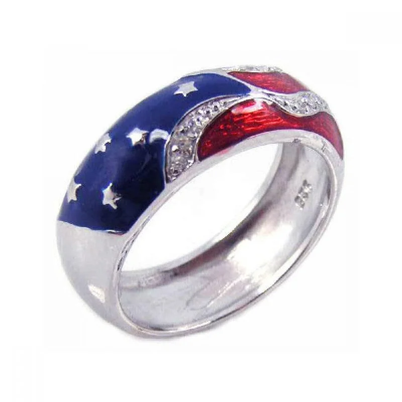 Silver Rhodium Plated Red, White, and Blue Enamel Pave Set CZ America Ring - STR00473