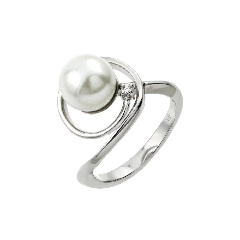 Silver 925 Rhodium Plated Loop Synthetic Pearl Ring - BGR00907