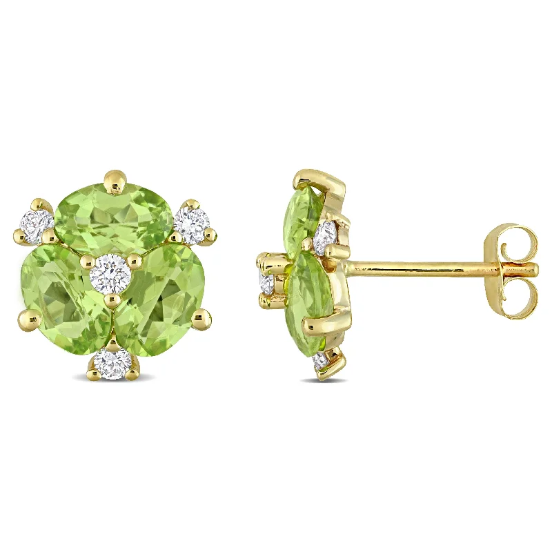 Miadora Oval-cut Peridot and 1/5ct TDW Diamond Floral Stud Earrings 14k Yellow Gold