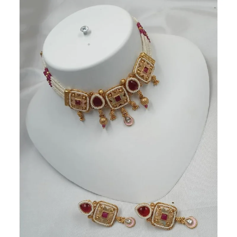 Akruti Collection Gold Plated Kundan Stone And Meenakari Choker Necklace Set