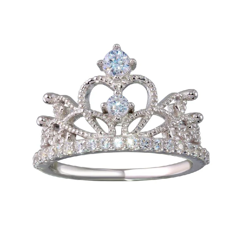 Rhodium Plated 925 Sterling Silver Crown Ring with CZ - BGR01148