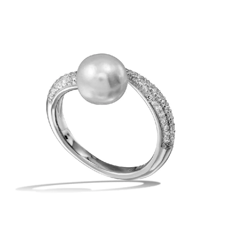 Rhodium Plated 925 Sterling Silver CZ Fresh Water Pearl Center Ring - BGR01124