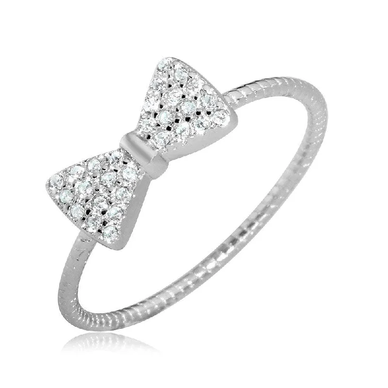 Rhodium Plated 925 Sterling Silver CZ Bow Tie Ring - BGR01072