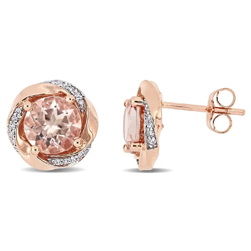 Miadora 10k Rose Gold Morganite and 1/10ct TDW Diamond Swirl Halo Stud Earrings