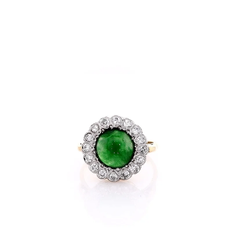 Estate 18k Yellow Gold Cabochon Jadeite And Diamond Ring