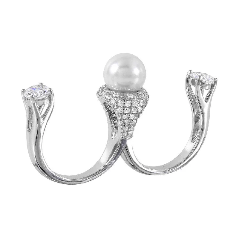 Silver 925 Rhodium Plated Pearl Two Finger Open Ring with CZ Accents - BGR00980