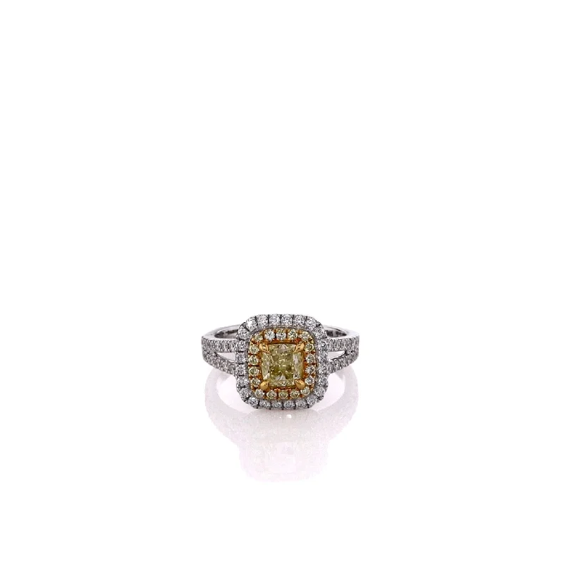 18k Two-Tone Double Halo and Split Shank Yellow and White Diamond Ring