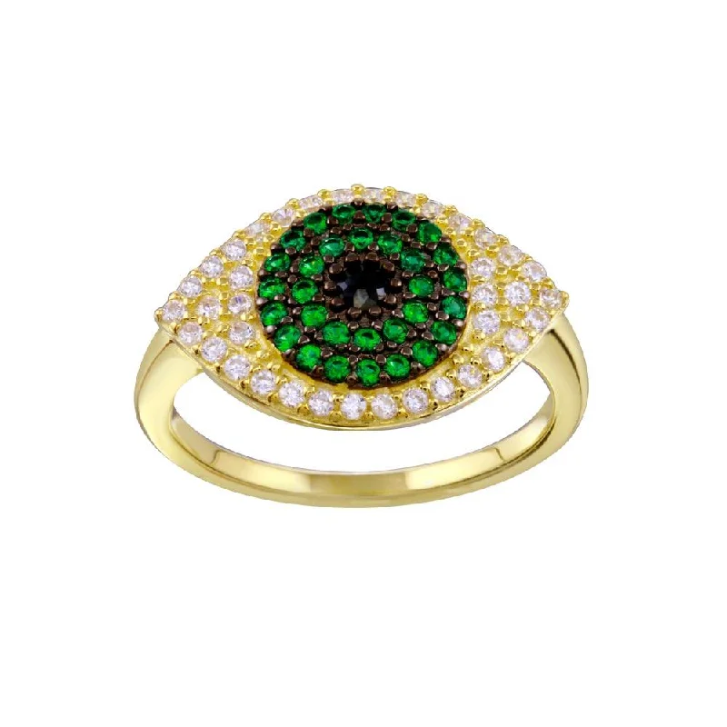 Gold Plated 925 Sterling Silver Black Green Clear CZ Evil Eye Ring - BGR01337