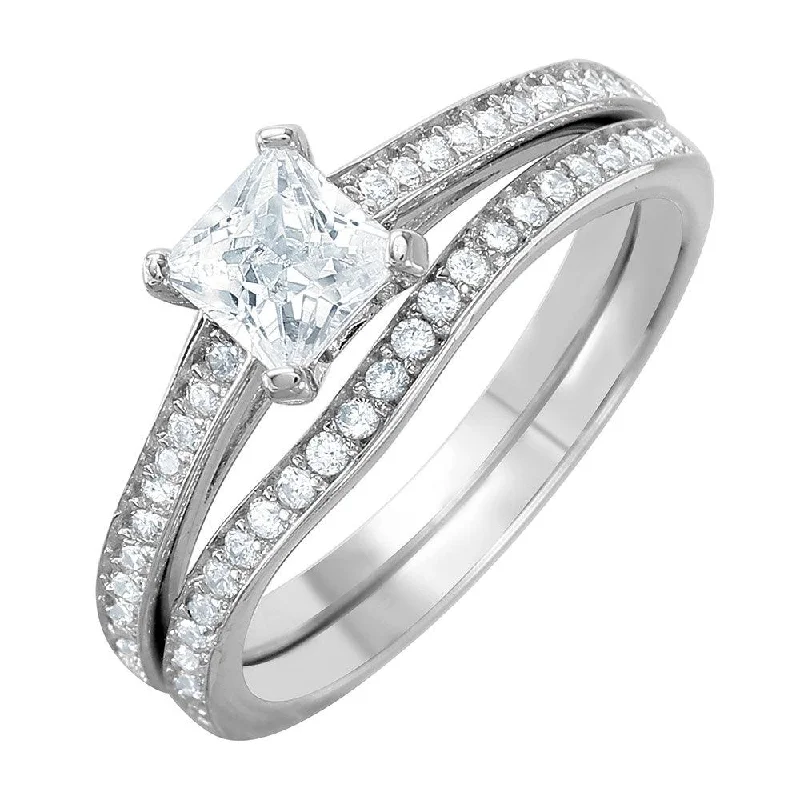 Silver 925 Rhodium Plated Thin CZ Bridal Ring - GMR00078