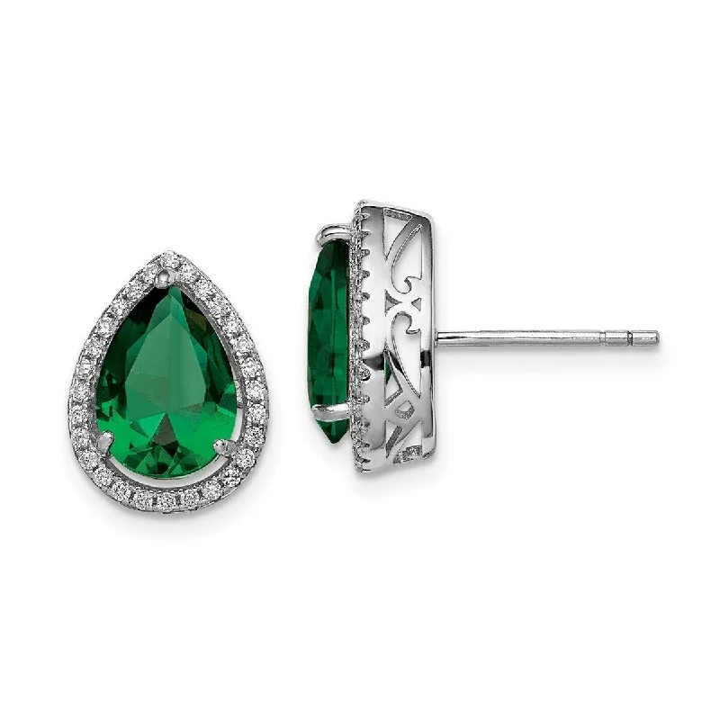 Curata 925 Sterling Silver Polished Simulated Emerald and Cubic Zirconia Post Earrings - 14x11mm