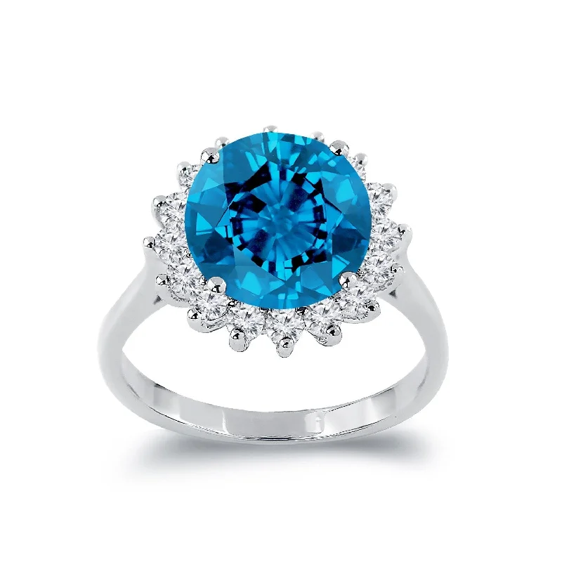 Auriya 4 5/8ct Round Blue Topaz Sunburst Halo Diamond Ring 5/8ctw 18K Gold