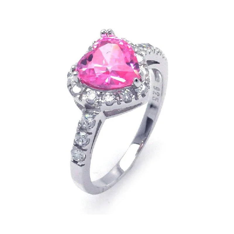 Silver 925 Rhodium Plated Pink and Clear Cluster CZ Heart Ring - STR00698PNK