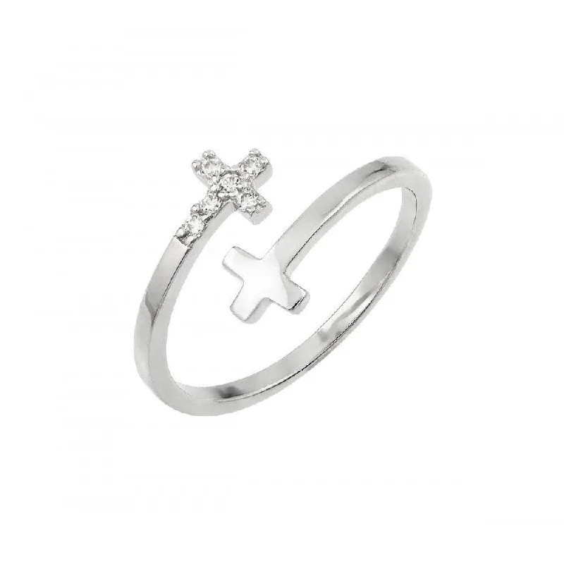 Silver 925 Rhodium Plated CZ Double Cross Ring - BGR00926