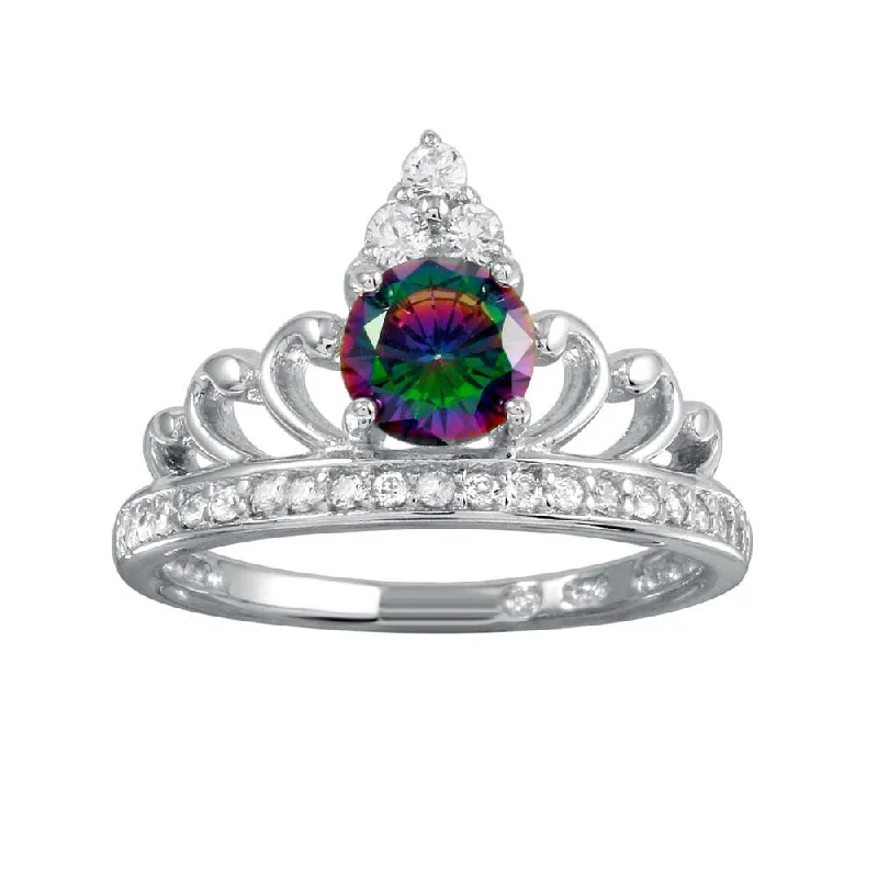 Rhodium Plated 925 Sterling Silver Crown Synthetic Mystic Topaz CZ Ring - BGR01267