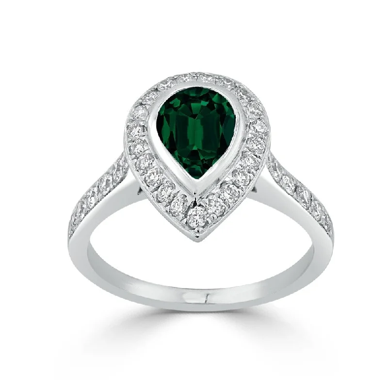 Auriya 1 1/5ct Pear Shape Green Emerald Halo Diamond Ring 5/8ctw 18K Gold