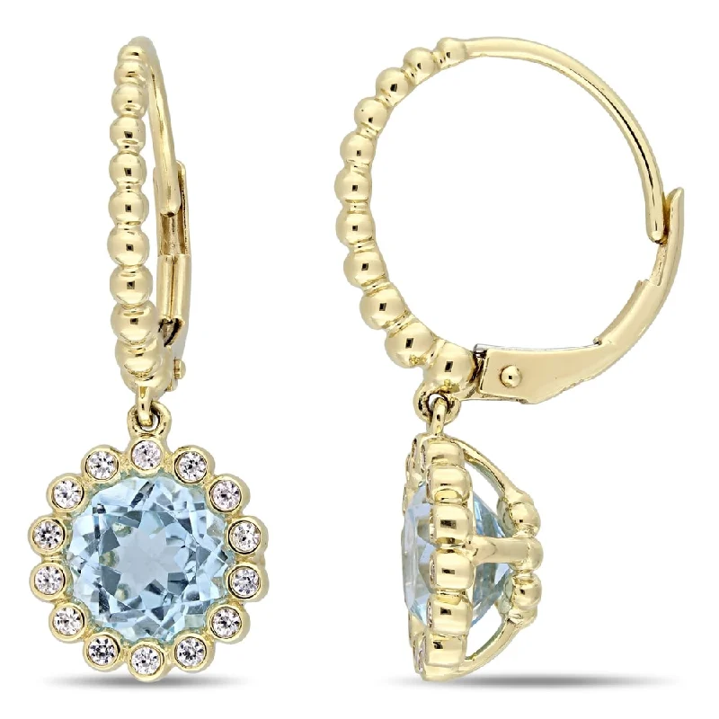 Miadora 10k Yellow Gold Sky-Blue Topaz and White Sapphire Halo Drop Leverback Earrings