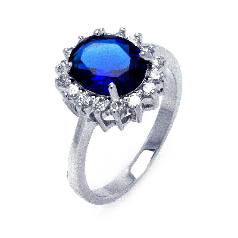 Silver 925 Rhodium Plated Oval Blue and Clear Cluster CZ Flower Ring - BGR00282