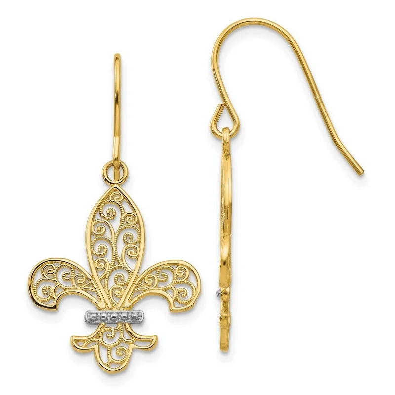 Curata 14k Yellow Gold and Rhodium Dangle Filigree Fleur De Lis Hook Earrings 34x18mm