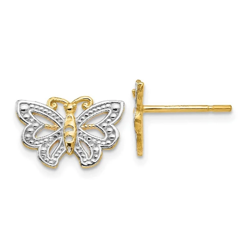 Curata 14k Two Tone Textured Polished Gold Butterfly Angel Wings Post Earrings - 13x10mm